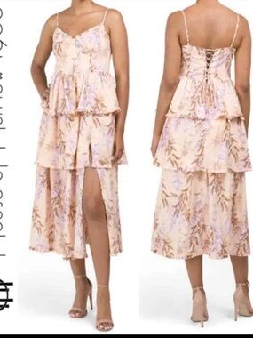 Floral Tiered Midi Dress with Lace-Up Back - Blush - house of Harlow 1960